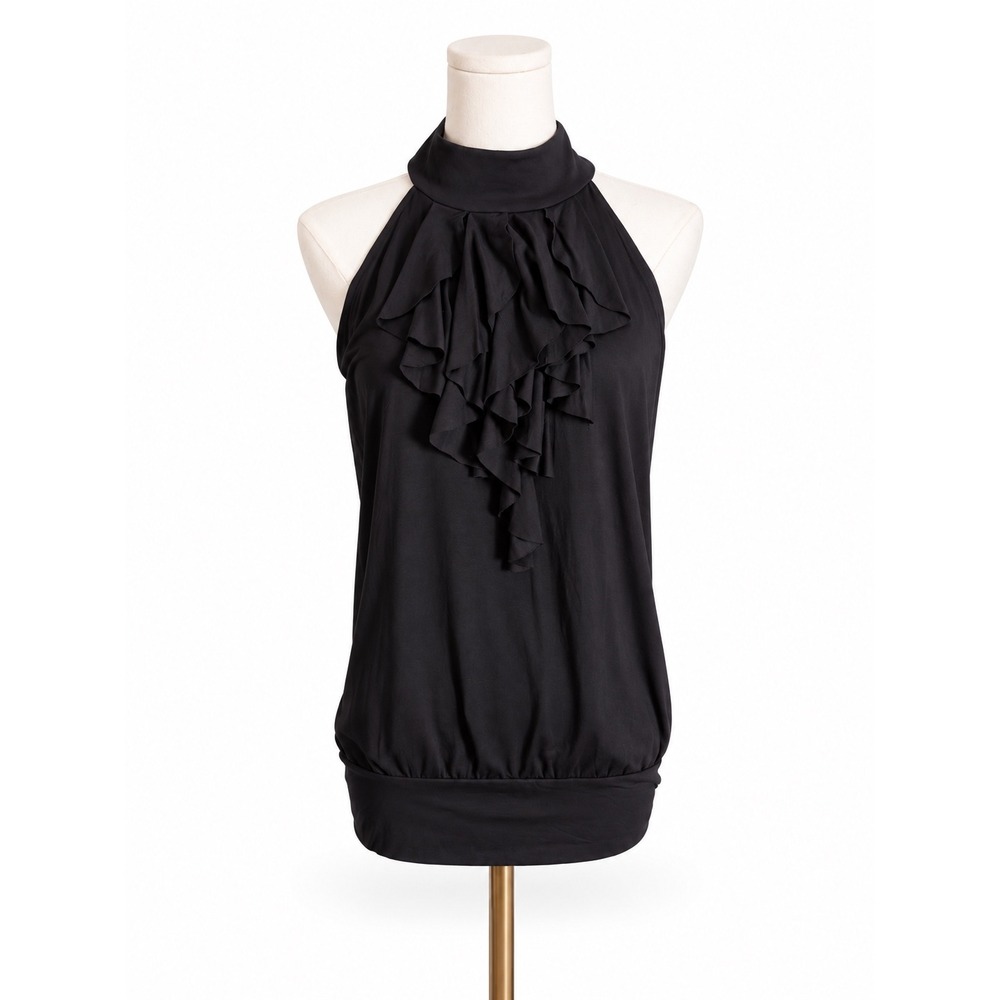 INC INTERNATIONAL CONCEPTS Black Ruffle Halter Mock Neck Sleeveless Topsz  L NWT